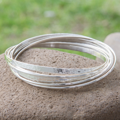 Sterling silver bangle bracelet, 'Rippled Water' - Taxco Sterling Silver Bangle Bracelet