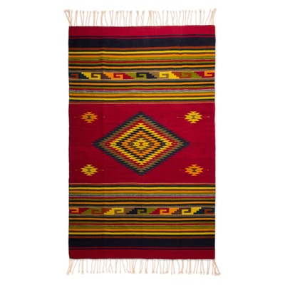 Handwoven Zapotec Red Wool Rug with Diamond Motifs (5x8)