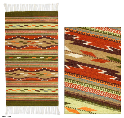 Alfombra de lana zapoteca, 'Plumas de la Tierra' (2.5x5) - Alfombra decorativa de lana zapoteca mexicana (2.5x5)