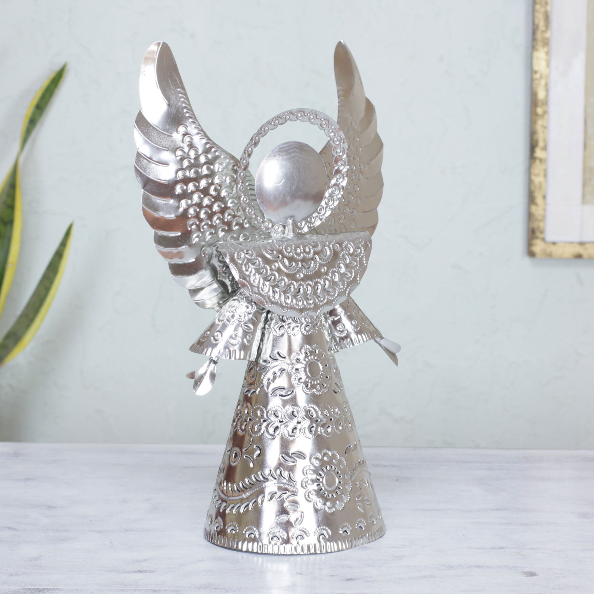 Large Mexican Embossed Tin Angel Sculpture - Happy Angel | NOVICA