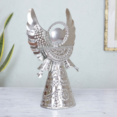 Tin sculpture, 'Happy Angel' - Large Mexican Embossed Tin Angel Sculpture