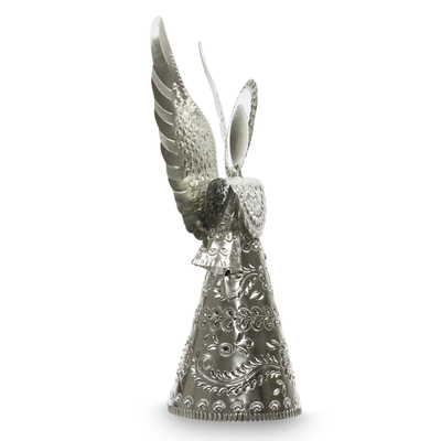 Tin sculpture, 'Happy Angel' - Large Mexican Embossed Tin Angel Sculpture