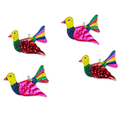 Tin ornaments, 'Colorful Doves' (set of 4) - Colorful Mexican Tin Bird Ornaments (Set of 4)