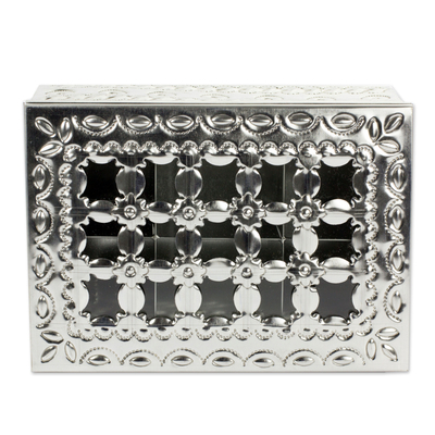 Tin box, 'Blossoming Hearts' - Mexican Embossed Tin Box with 6 Compartments