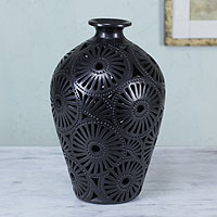 Decorative ceramic vase, 'Black Sunflower' - Mexican Black Pottery Vase with Cutout Motifs
