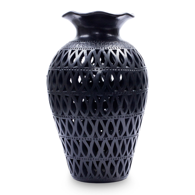 Decorative ceramic vase, 'Magic Leaves' - Mexican Cutout Black Pottery Vase