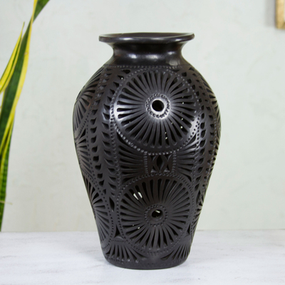 Decorative ceramic vase, 'Floral Fiesta' - Decorative Vase in Barro Negro
