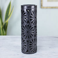 Decorative ceramic vase, 'Slender Blossoms' - Slender Black Pottery Vase