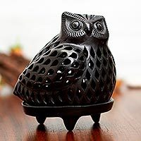 Ceramic teallight candleholder, 'Glowing Owl' - Artisan Crafted Black Pottery Tealight Candle Holder