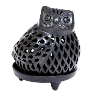 Ceramic teallight candleholder, 'Glowing Owl' - Artisan Crafted Black Pottery Tealight Candle Holder