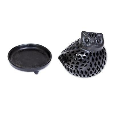 Ceramic teallight candleholder, 'Glowing Owl' - Artisan Crafted Black Pottery Tealight Candle Holder