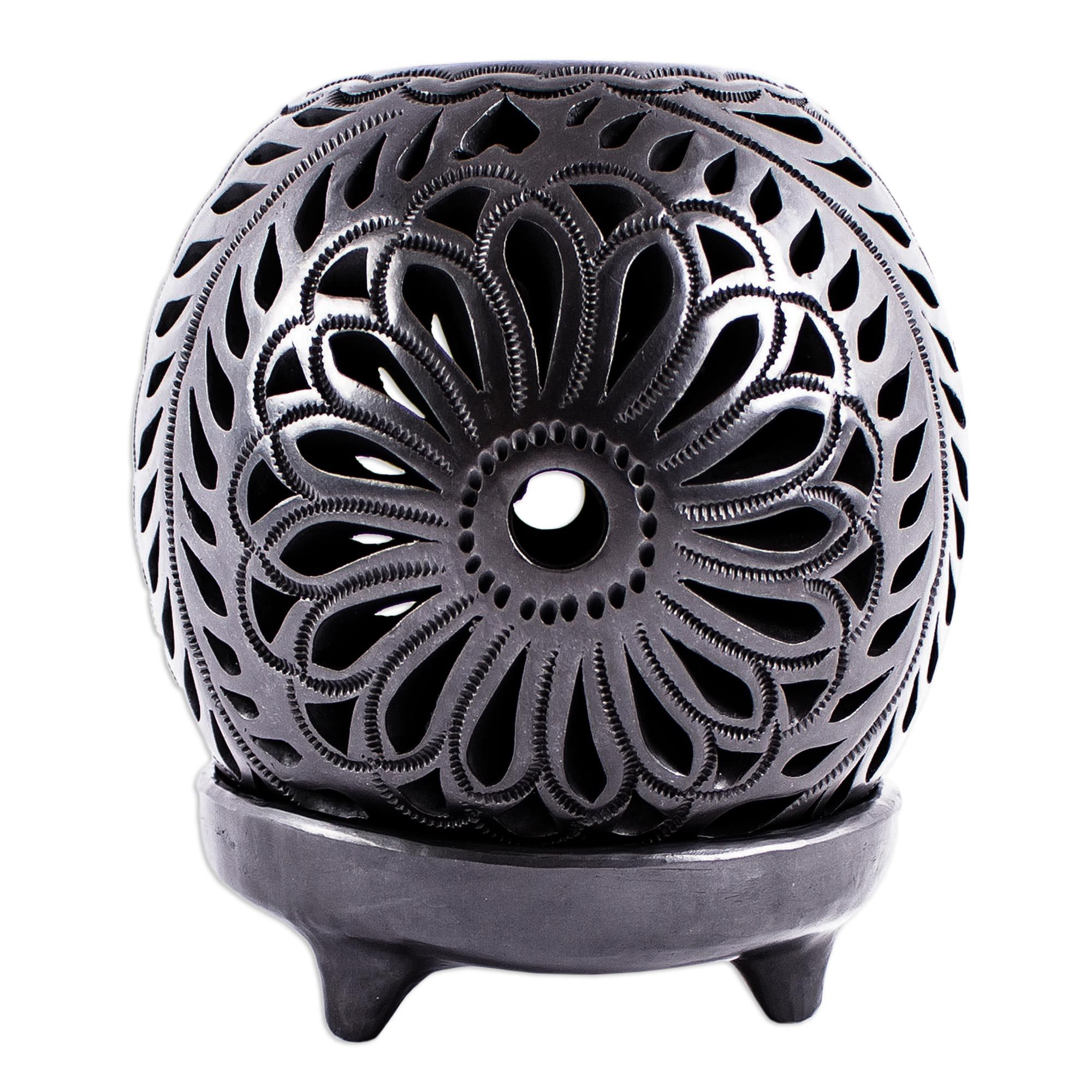 Hand Made Mexican Black Pottery Candleholder Black Flower Fest NOVICA