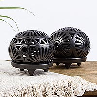Ceramic tealight candleholders, 'Floral Harmony' (pair) - Oaxaca Black Pottery T-light Candleholders (pair)