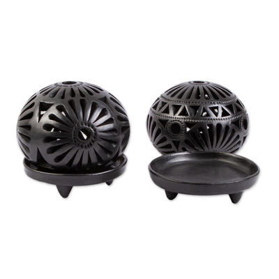 Oaxaca Black Pottery T-light Candleholders (pair)