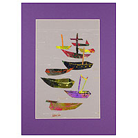 'Boats' - Signed Fine Art Painting Collage from Mexico