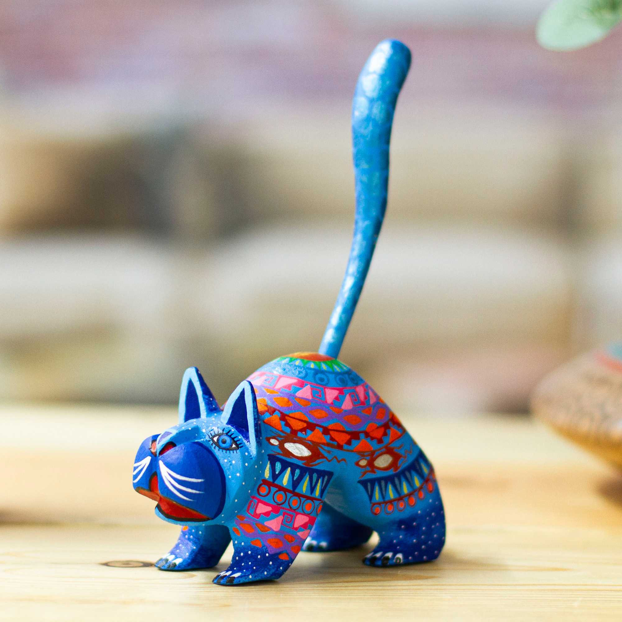 Mexican Alebrije Cat Sculpture - Blue Cat Greeting | NOVICA