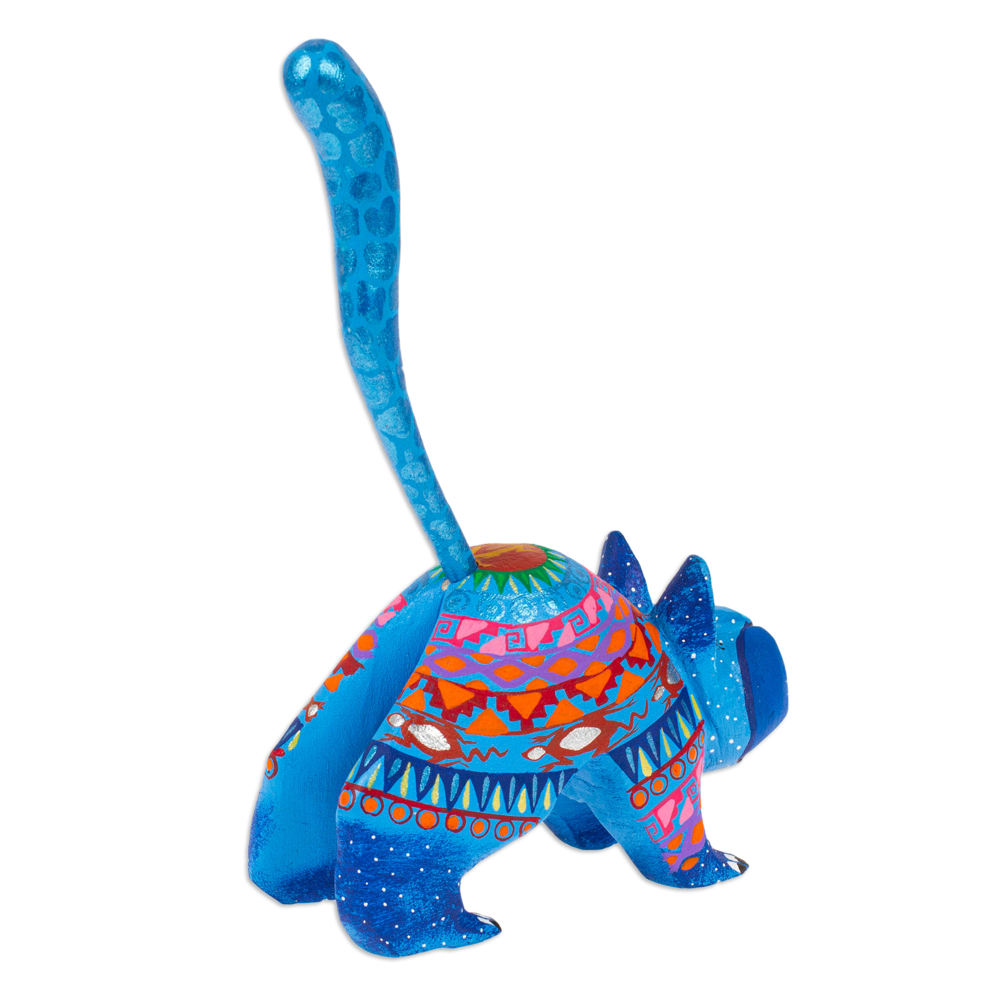 Mexican Alebrije Cat Sculpture - Blue Cat Greeting | NOVICA