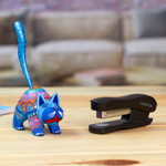 Alebrije sculpture, 'Blue Cat Greeting' - Mexican Alebrije Cat Sculpture