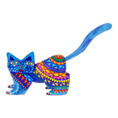 Alebrije sculpture, 'Playful Blue Kitten' - Mexican Alebrije Cat Sculpture