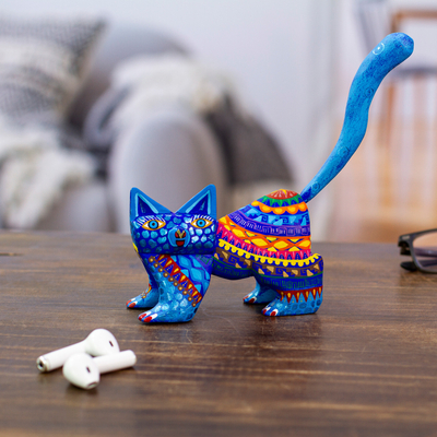 Alebrije sculpture, 'Playful Blue Kitten' - Mexican Alebrije Cat Sculpture