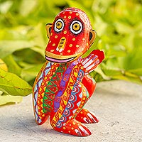 Wood statuette, 'My Monkey Friend' - Colorful Handcrafted Wood Statuette