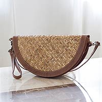 Palm and leather accent wristlet bag, Mixteco Honey
