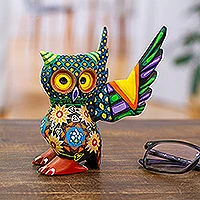 Wood statuette, 'My Owl Protector' - Colorful Handcrafted Wood Statuette