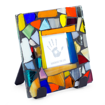 Stained glass photo frame, 'Mexican Kaleidoscope' (2x2) - Handcrafted Stained Glass Photo Frame (2x2)