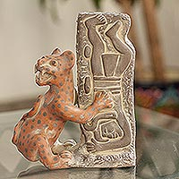Ceramic sculpture, 'Olmeca Jaguar with Human'