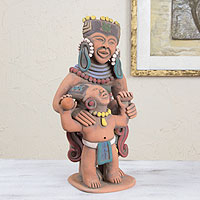 Ceramic sculpture, 'Smiling Mother and Child' - Aztec Mother and Child Sculpture