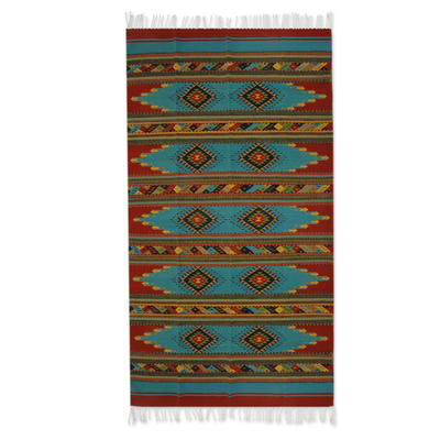 Zapotec wool rug, 'Colors of Nature' (6.5x10) - Turquoise Zapotec Wool Rug 6 X 10 Ft Handmade in Mexico