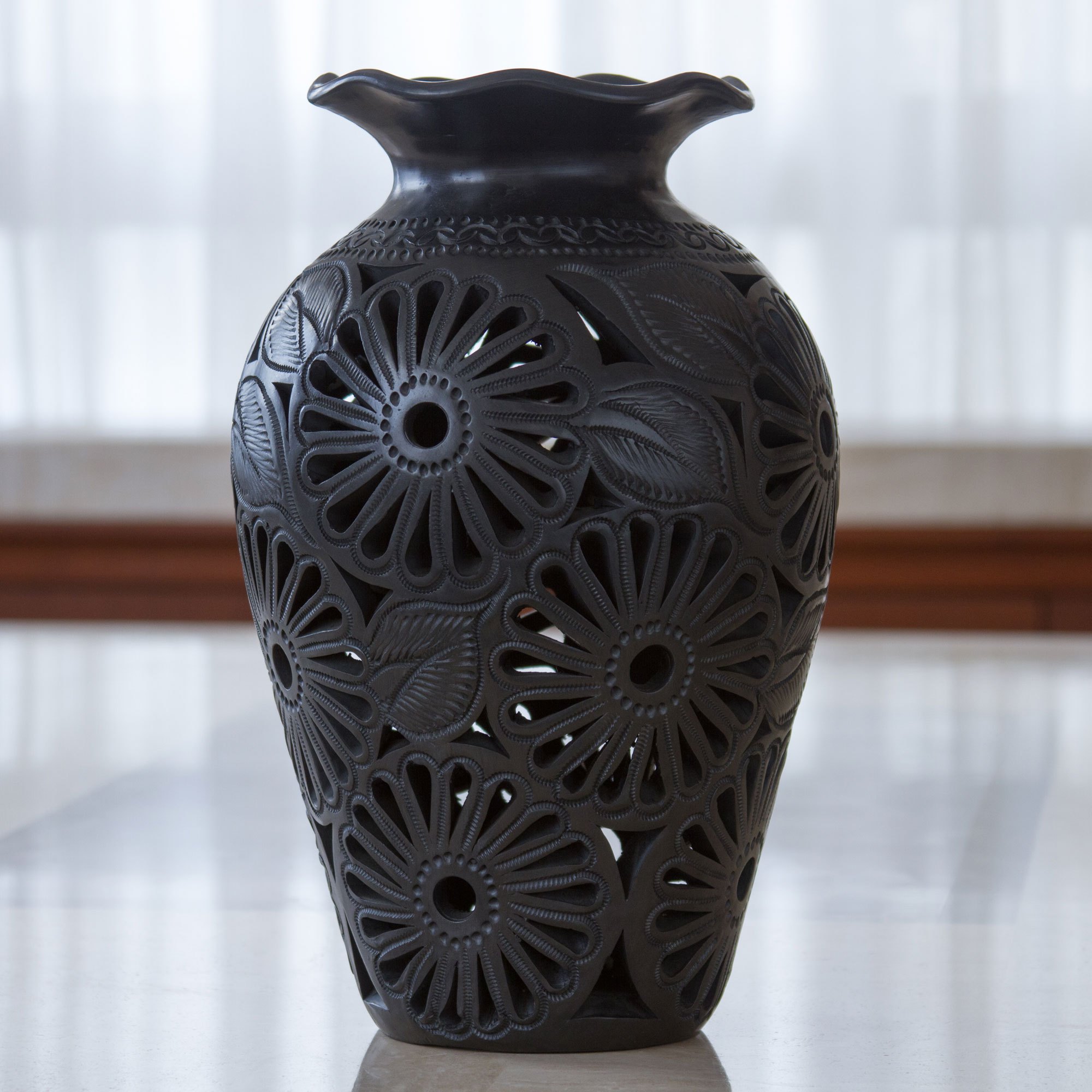 Ornate Floral Black Pottery Vase Ruffled Dahlias NOVICA
