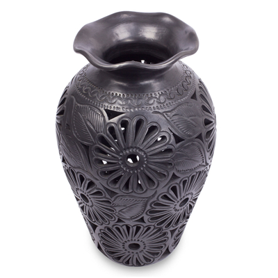 Decorative ceramic vase, 'Ruffled Dahlias' - Ornate Floral Black Pottery Vase