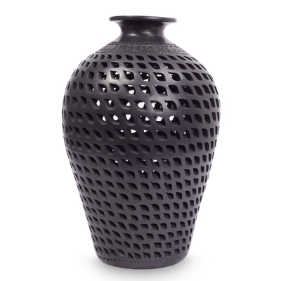 Decorative ceramic vase, 'Leaves in Darkness' - Mexican Cutout Black Pottery Vase