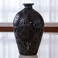 Decorative ceramic vase, 'Oaxaca Sunflower' - Incised Floral Vase from Mexico