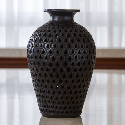 Decorative ceramic vase, 'Black Peacock' - Incised Black Pottery Vase from Mexico