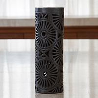 Decorative ceramic vase, 'Floral Pinwheel' - Slender Black Floral Vase