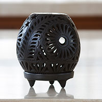 Ceramic tealight holder, 'Black Blossoms' - Handmade Mexican Black Pottery Candleholder