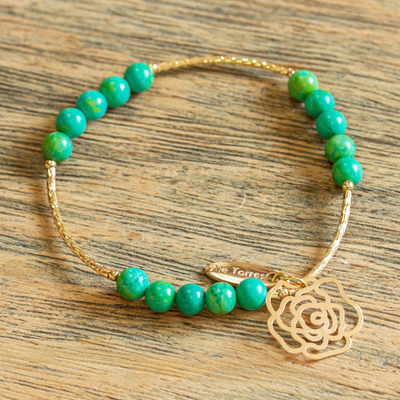 Gold plated stretch bracelet, 'Rose of the Valley' - Handcrafted Gold Plated Bracelet with Recon Turquoise