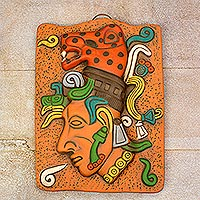 Placa de cerámica, 'Sacerdote Jaguar Maya' - Placa Sacerdote Jaguar Maya en Cerámica