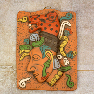 Ceramic plaque, 'Maya Jaguar Priest' - Maya Jaguar Priest Plaque in Ceramic