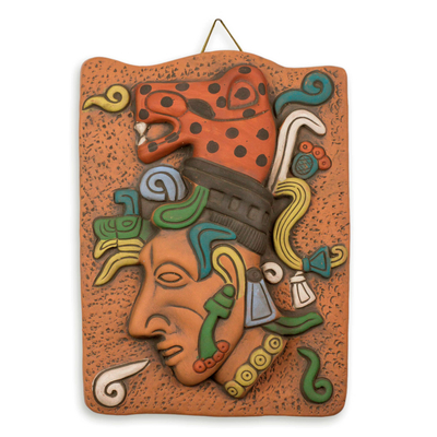 Ceramic plaque, 'Maya Jaguar Priest' - Maya Jaguar Priest Plaque in Ceramic