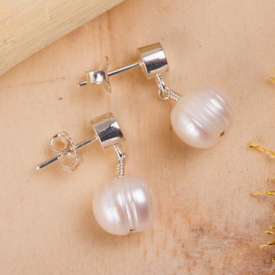 Cultured pearl dangle earrings, 'Radiant Purity' - White Pearl Earrings