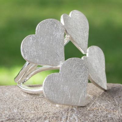 Sterling silver wrap ring, 'Heart Quartet' - Heart Wrap Ring