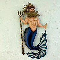 Steel wall sculpture, 'Conch King Triton' - Painted Steel Wall Sculpture from Mexico 