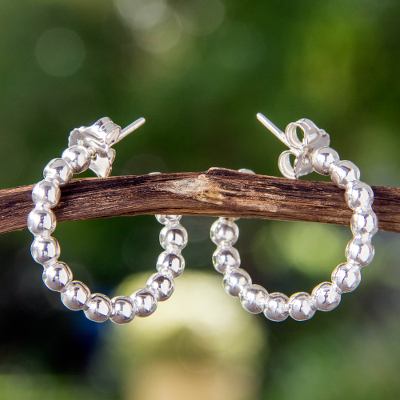 Sterling silver half hoop earrings, 'Moonglow' - Taxco Half Hoop Earrings