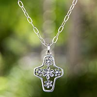Sterling silver cross necklace, 'Blossoming Faith' - Tree of Life Style Silver Cross Necklace