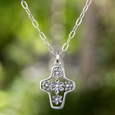 Sterling silver cross necklace, 'Blossoming Faith' - Tree of Life Style Silver Cross Necklace