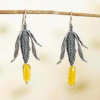 Amber dangle earrings, 'Land of Maize' - Sterling Silver and Natural Amber Mexican Earrings