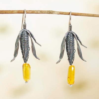 Amber dangle earrings, 'Land of Maize' - Sterling Silver and Natural Amber Mexican Earrings